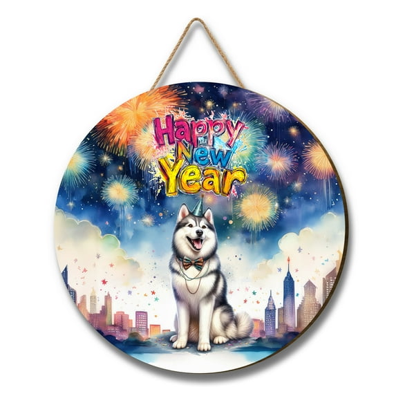 Happy New Year with Siberian Husky Fireworks Holiday Xmas Winter 2025 Round Wood Sign Husky Dog Lover Gifts Hanging Wall Home Decor - 00025