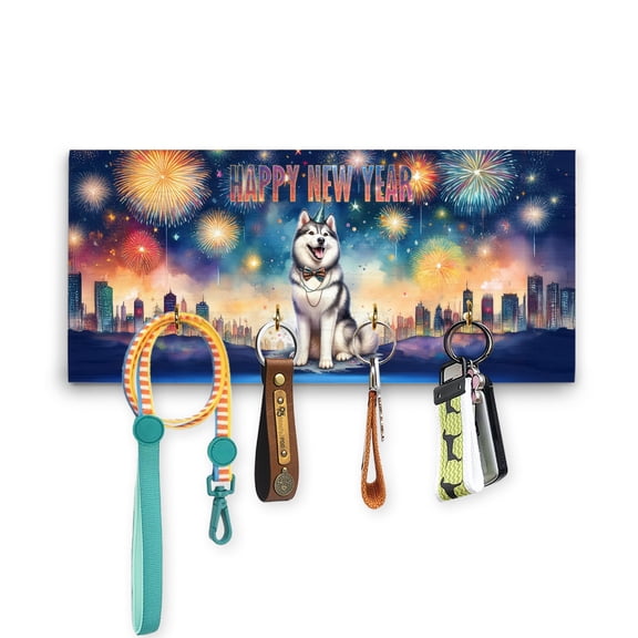 Happy New Year with Siberian Husky Fireworks Holiday Xmas Winter 2025 Wood Key Holder Husky Dog Lover Gifts Wall-mounted Key Rack Home Decor - 00025