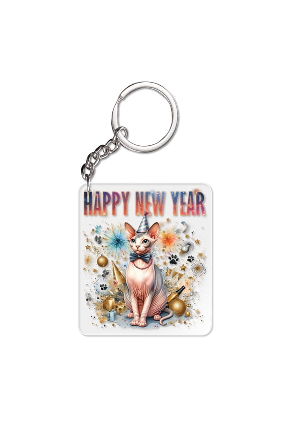 Happy New Year with Sphynx Fireworks Holiday Xmas Winter 2025 Acrylic Keychain Cat Lover Kitten Owner Gifts Idea Collar Charm Tag Keyring - 00025