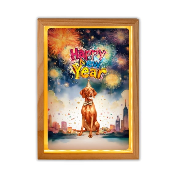 Happy New Year with Vizsla Fireworks Holiday Xmas Winter 2025 Acrylic Plaque with Wood Photo Frame Box Vizslas Dog Lover Gifts Idea Light Box - 00025