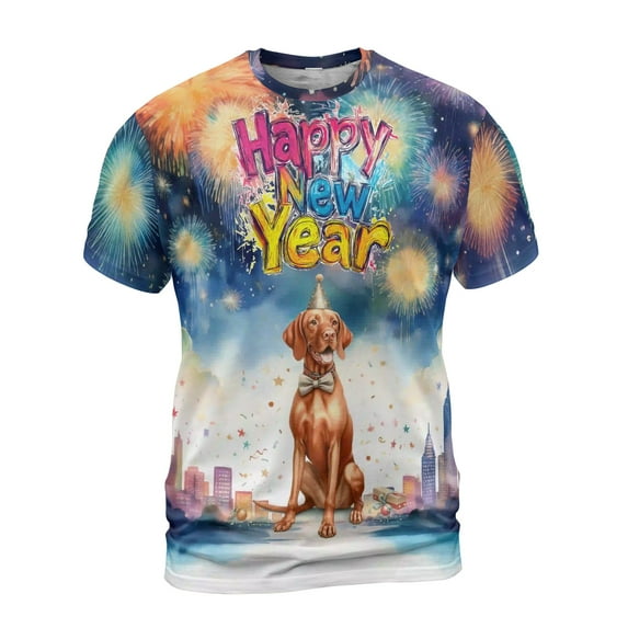Happy New Year with Vizsla Fireworks Holiday Xmas Winter 2025 All Over Print 3D Shirt Unisex Merch Vizslas Dog Lover Gifts Idea - 00025