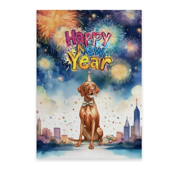 Happy New Year with Vizsla Fireworks Holiday Xmas Winter 2025 Vertical Matte Canvas Poster Vizslas Dog Lover Gifts Idea Wall Art Home Decor - 00025