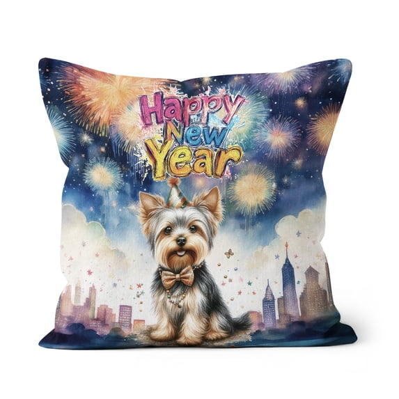 Happy New Year with Yorkshire Terrier Fireworks Holiday Xmas Winter 2025 Pillow Cushion Double Sided Yorkie Dog Lover Gifts Throw Pillow - 00025