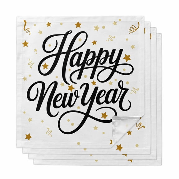 Happy New Years Cloth Napkins, Winter Holiday Yellow Stars Ribbons Washable and Reusable Dinner Napkins Set of 4, Table Napkin for Kitchen Party Birthday Wedding Hotel Housewarming 20"x20"