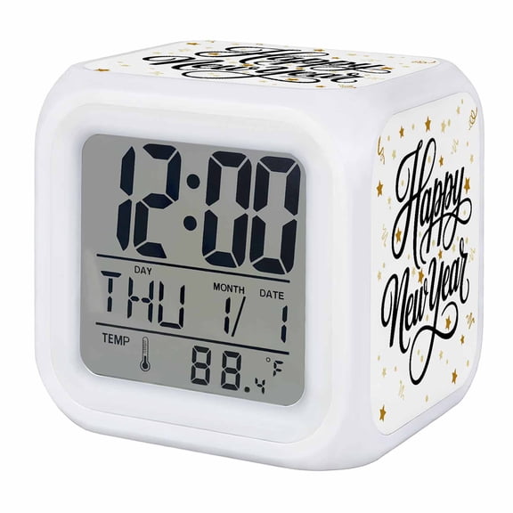 Happy New Years Digital Alarm Clock for Bedrooms, Smart LED Alarm Clock with 7 Color Changing Night Light, Winter Holiday Yellow Stars Ribbons Silent Wake Up Clocks for Sleep Study Cooking 3.2"x3.2"