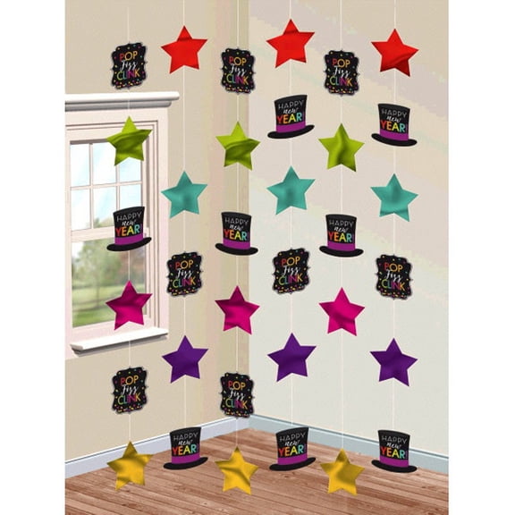Happy New Years Eve 6 Doorway Foil Star String Decoration Jewel Tones
