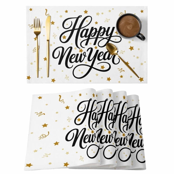 Happy New Years Placemats Set of 8 Winter Holiday Yellow Stars Ribbons Place Mats Indoor Wipeable Table Mats Washable Cloth Dining Table Placemats for Kitchen Holiday Party Home Decor 13x19 Inch