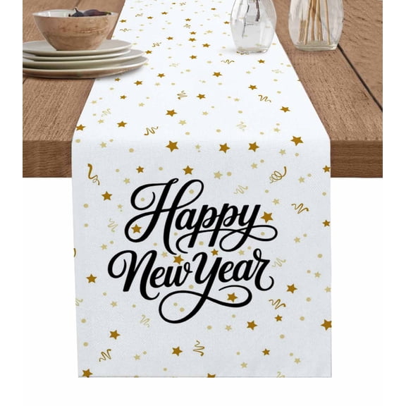 Happy New Years Table Runner 120 Inches, Winter Holiday Yellow Stars Ribbons Bed Runner Dresser Scarves Tabletop for Indoor Outdoor Parties/Ceremony/Banquet, 13"x 120"