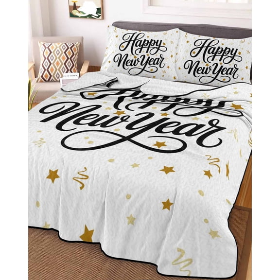 Happy New Years Twin Size Down Alternative Comforter, Lightweight Comforter Quilt Bedding Set with Pillow Shams Winter Holiday Yellow Stars Ribbons All Seasons Bed Comforter Duvet Insert 68"x86"