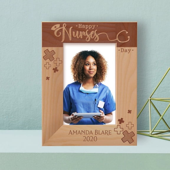 Happy Nurses Day Personalized Wooden Frame 4" x 6" Brown (Vertical)