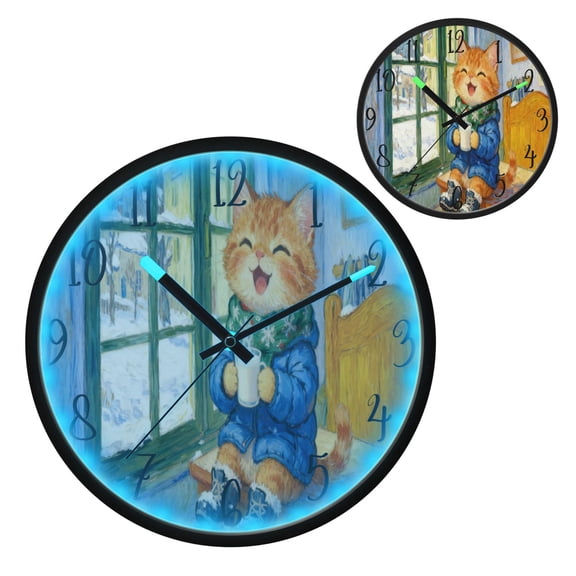 Happy Orange Cat Luminous Wall Clock with Sound-Activated LED 12-Inch Silent Acrylic Timepiece for Bedroom Livingroom or Office