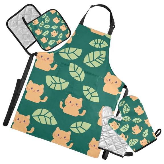 Happy Orange Cats with Leave Oven Mitts and Pot Holders with Chef Apron Set 5 Pcs Kitchen Cooking Set