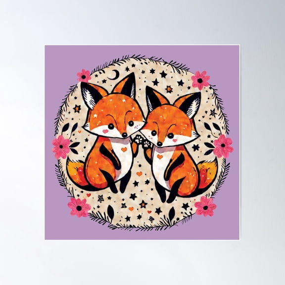 Happy Orange Foxes With Cute Little Bean Paws, Watercolour Illustrated Design Poster Wall Art, Modern Wall Decor For Living Room Bedroom, 16X16 UNFRAMED