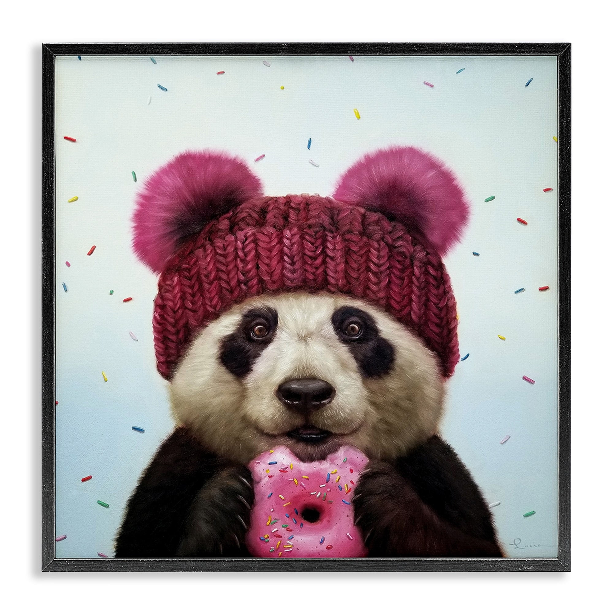 Happy Panda Bear with Pink Sprinkle Donut Framed Wall Art, 12x12