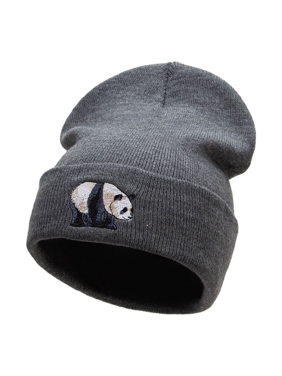 Happy Panda Embroidered 12 Inch Long Knitted Beanie - Dk Grey OSFM