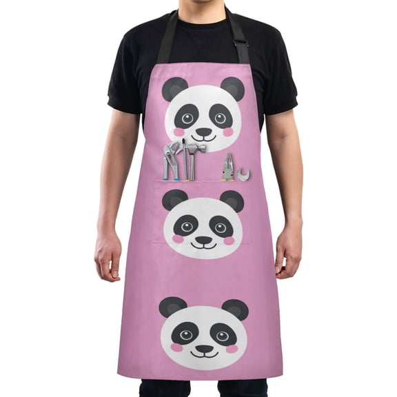 Happy Panda Faces on Pink Chef Kitchen Apron with Pockets for Women Waterproof Aprons for Cooking Baking