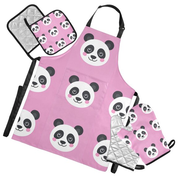 Happy Panda Faces on Pink Oven Mitts and Pot Holders with Chef Apron Set 5 Pcs Kitchen Cooking Set