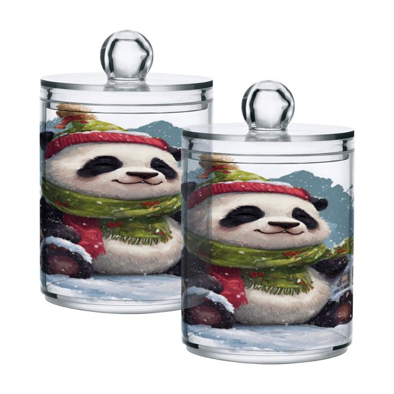 Happy Panda in Christmas Cartoon Style Translucent Plastic Cans Storage Canisters with Lid Set of 2