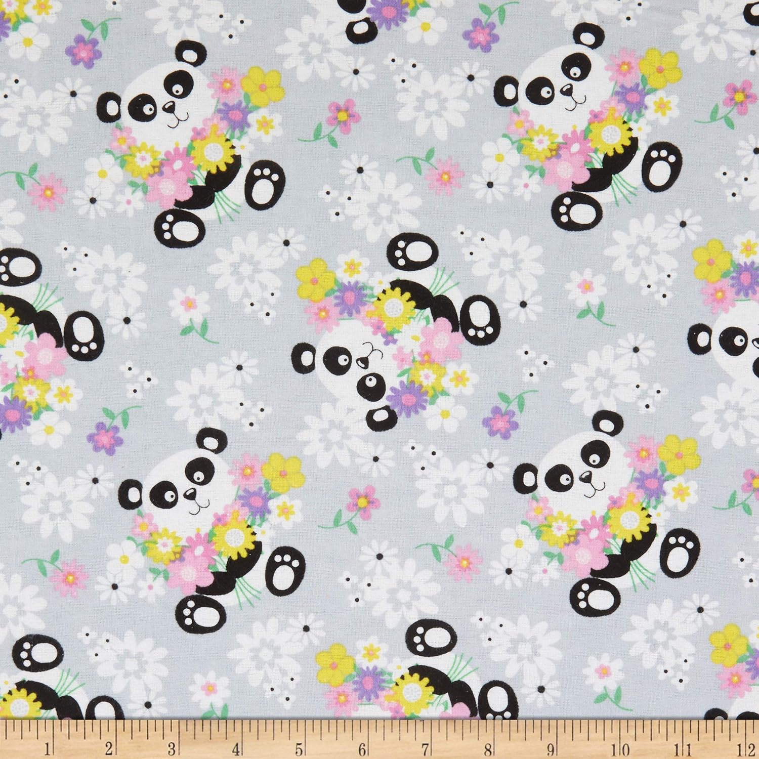 Happy Pandas & Flowers Gray, Fabric by the Yard