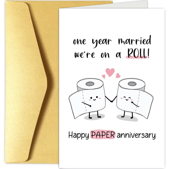 Happy Paper Anniversary Card for Couples Cute Toilet Paper Characters Design Includes Gold Envelope, Blank Inside for Personal Messages