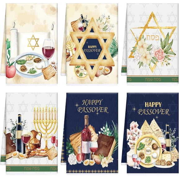 Happy Passover Kitchen Towels, Star of David Dish Towels Gifts for Cooking Cleaning Set of 6, Jewish Holiday Hand Towels with Hanging Loop for Bathroom Home Decor