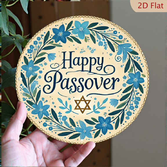 Happy Passover Round Metal Wall Art, 8x8 Inch Decorative Aluminum Sign with Floral Star of David Design, Festive Religious Home Decor for Holiday Wall Hanging