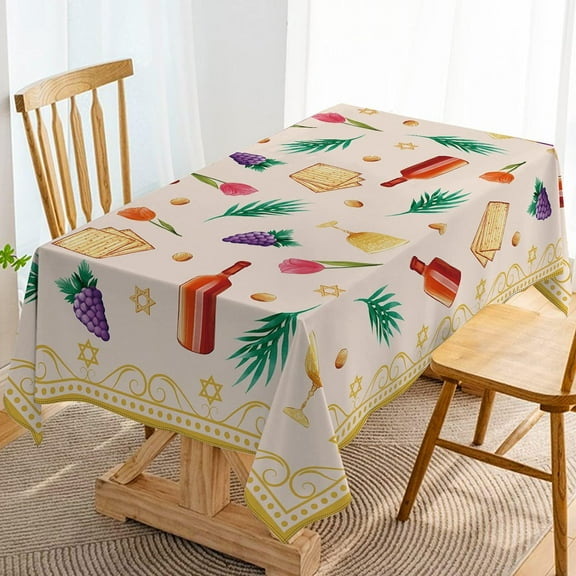 Happy Passover Tablecloth Pesach Seder Jewish Holiday Party Decoration Matzah Red Wine Kitchen Dining Room Home Decor-60×84inch