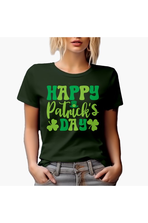 Happy Patrick's Day with Hat & Shamrock Leaves, Military Green T-Shirt, XL