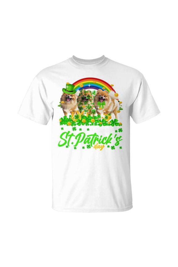 Happy Patricks Day Shamrock Rainbow Leprechaun Pomeranian TShirt Unisex Jersey Crewneck Ts
