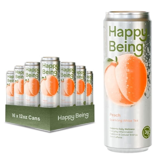 Happy Being Peach Sparkling White Tea Antioxidant & Polyphenol Rich, Infused with Turmeric, Elderberry, Caffeine Free, Plant-Based, Low Sugar & Low Calorie Drinks, 12oz (16 Pack)