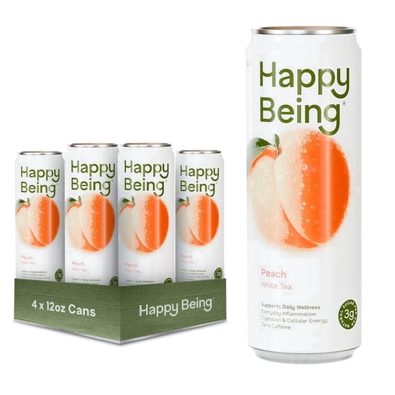 Happy Being Peach White Tea Antioxidant & Polyphenol Rich, Infused with Turmeric, Elderberry, Plant-Based, Low Sugar & Low Calorie Drinks, 12oz (4 Pack)