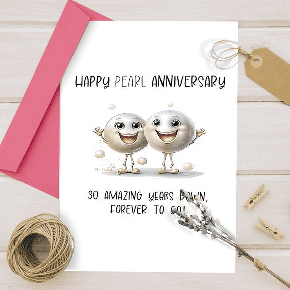 Happy Pearl Anniversary Card 30 Amazing Years Down, Forever to Go Cute Cartoon Design Blank Inside with Envelope Perfect for Celebrating Milestone Anniversaries