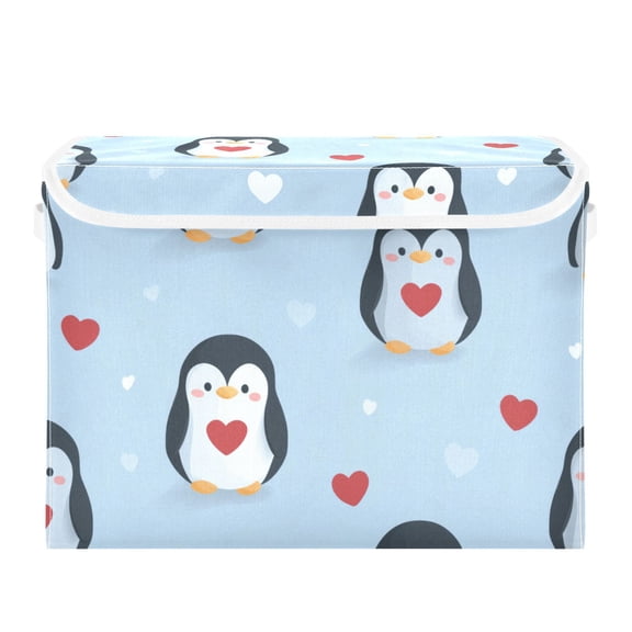 Happy Penguins with Hearts Valentine Vector Foldable Storage Bins with Lids Handles Collapsible Storage Containers Tote Boxes 16.5 x 12.6 x 11.8 inches