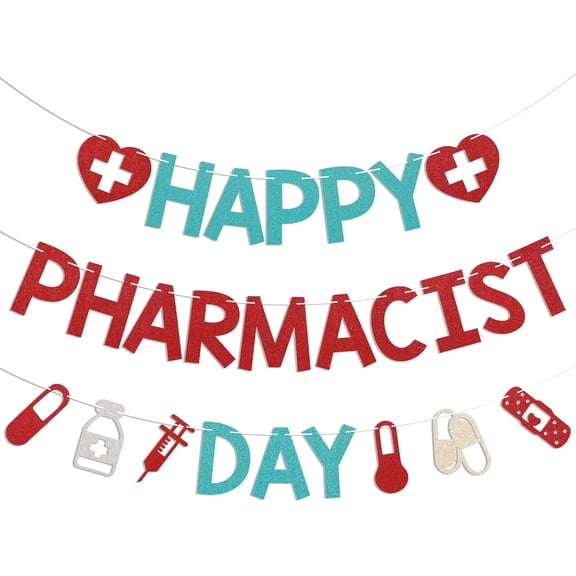 Happy Pharmacist Day Banner - Pharmacist Appreciation, Medical Pharmacy Banner, Thank You Pharmacist Decorations Red Blue Glitter