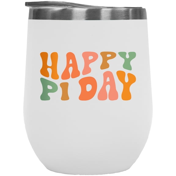 Happy Pi Day, March 14 Celebration of Mathematical or Math Constant, Groovy Retro Wavy Text Merch Gift, White 12oz Wine Tumbler
