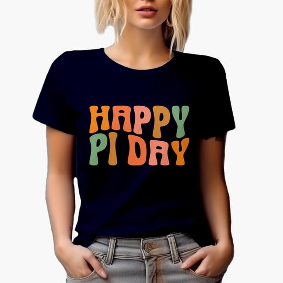 Happy Pi Day, March 14, Math, Mathematics or Mathematician Themed, Groovy Retro Wavy Text Merch Gift, Navy Blue T-Shirt, Large
