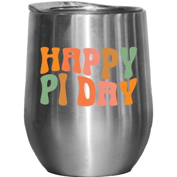 Happy Pi Day, March 14 Mathematical or Math Constant Celebration, Groovy Retro Wavy Text Merch Gift, Stainless Steel 12oz Wine Tumbler