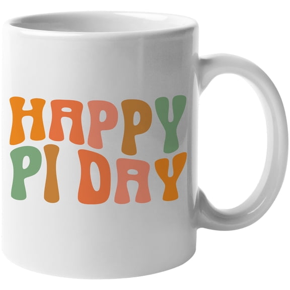 Happy Pi Day, March 14 Mathematical or Math Constant Celebration, Groovy Retro Wavy Text Merch Gift, White 11oz Ceramic Mug