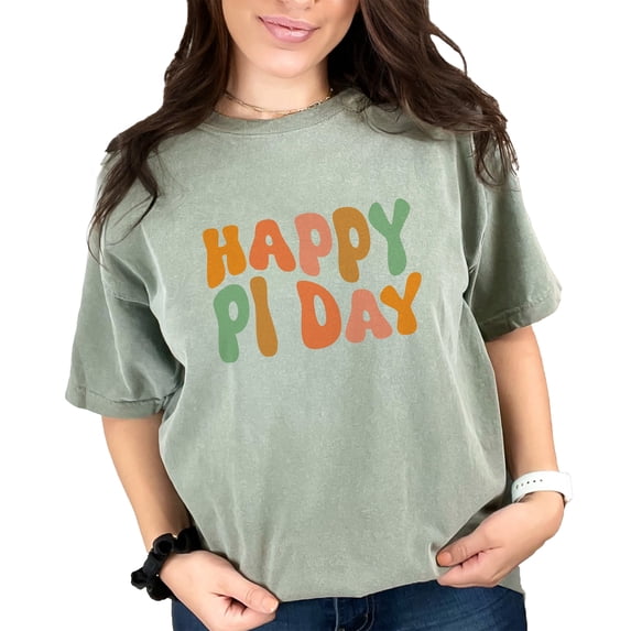Happy Pi Day, March 14, Mathematics, Math or Mathematician Themed, Groovy Retro Wavy Text, Moss Comfort Colors T-Shirt, Small