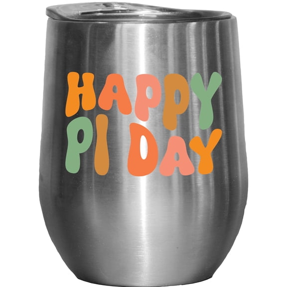Happy Pi Day, March 14 Mathematics or Math Celebration, Groovy Retro Wavy Text Merch Gift, Stainless Steel 12oz Wine Tumbler