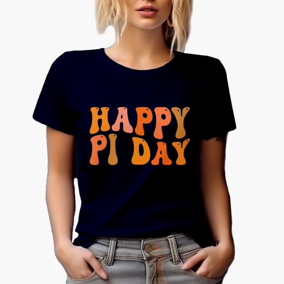 Happy Pi Day, March 14, Mathematics or Math Lover Celebration Themed, Groovy Retro Wavy Text Merch Gift, Navy Blue T-Shirt, Medium