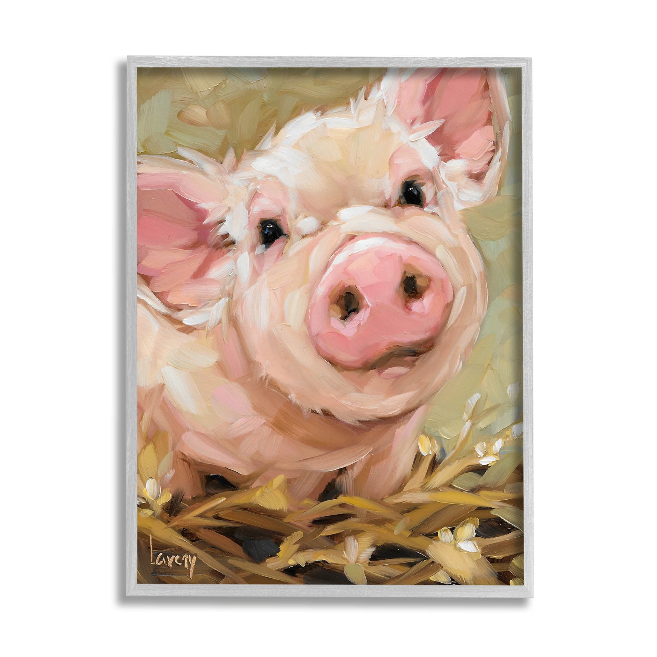 Happy Pig Farm Animal Portrait Animals & Insects Painting Gray Framed Art Print Wall Art