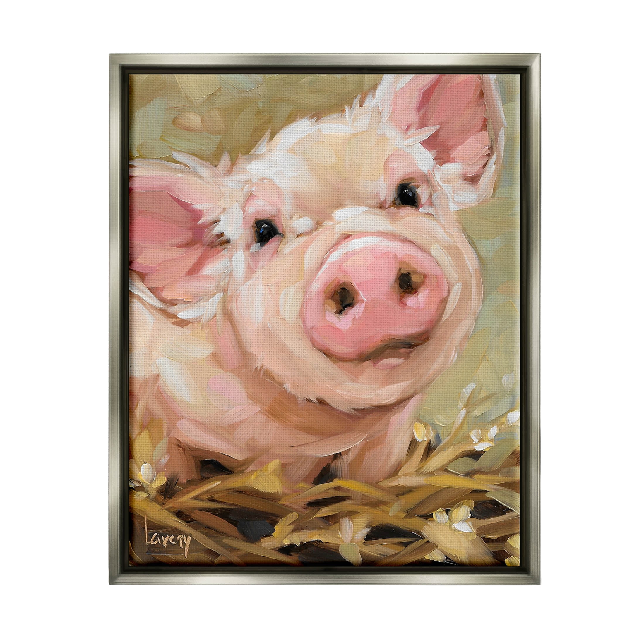 Happy Pig Farm Animal Portrait Animals & Insects Painting Luster Gray Framed Art Print Wall Art