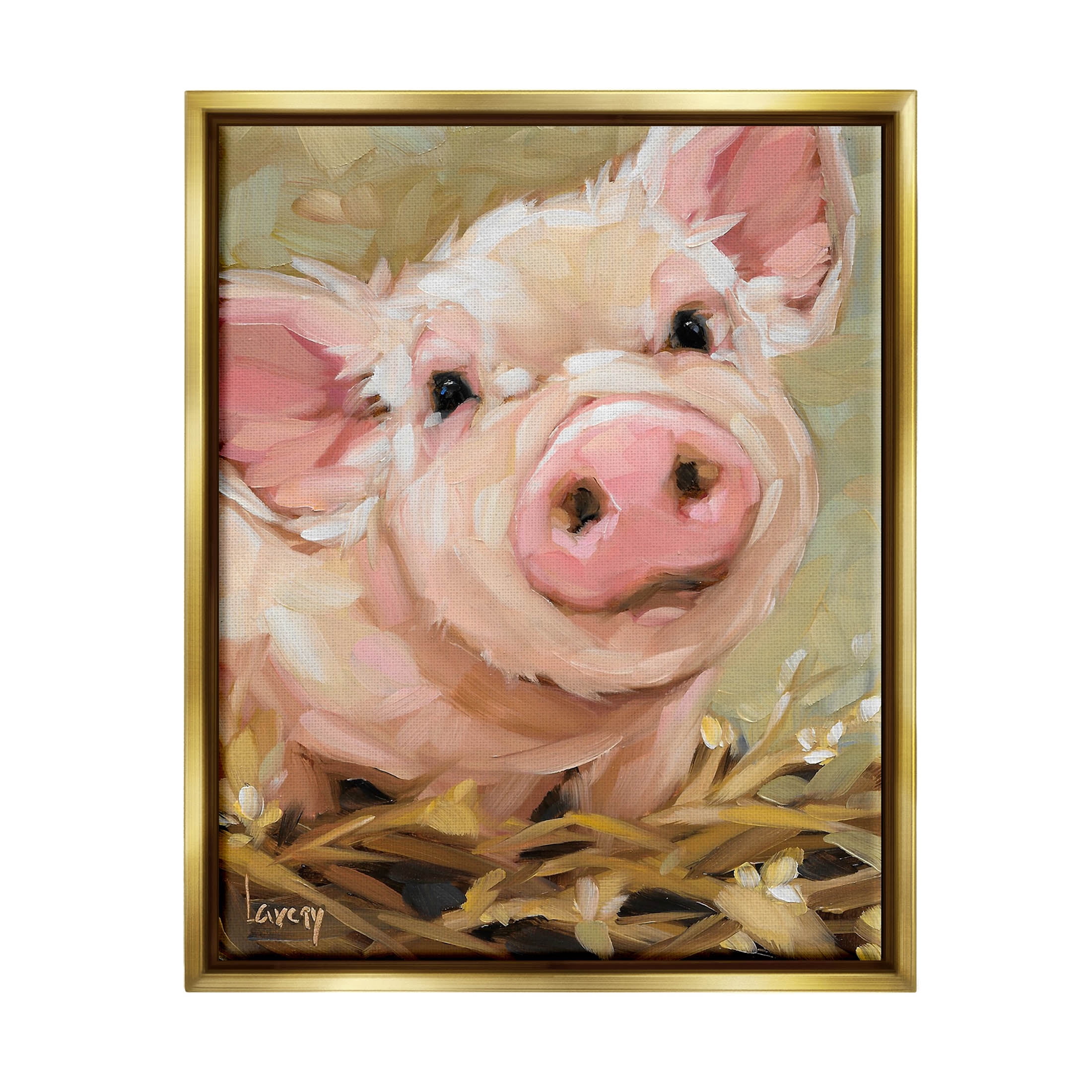 Happy Pig Farm Animal Portrait Animals & Insects Painting Metallic Gold Framed Art Print Wall Art