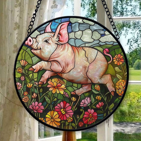 Happy Piglet: Stained Glass Style Wall or Window Hanging, Stained Glass Ornament 2025, Holiday Decoration, Seasonal Keepsake Gift, Unique Collectible, Window Hanging, Home Decor
