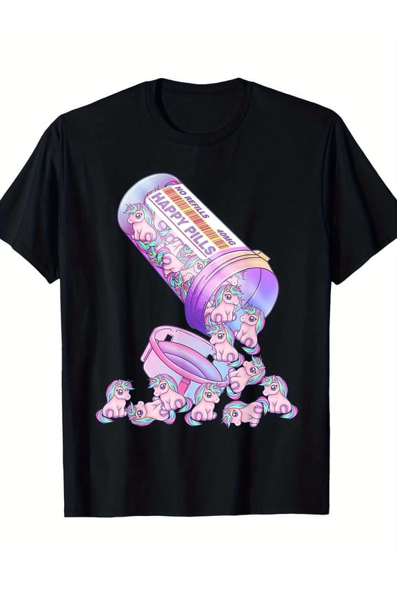 Happy Pills Pastel Goth Kawaii Yami Unicorn Otaku Women T-Shirt, 100% Cotton, 220g