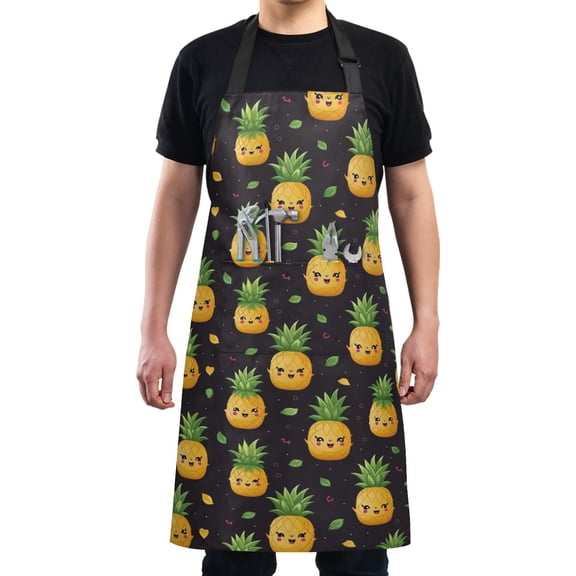 Happy Pineapple Kitchen Apron with 2 Pockets Adjustable waterproof Cooking Aprons for Women Men Chef