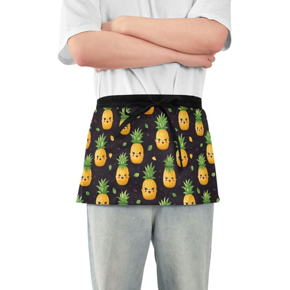 Happy Pineapple Server Apron with 3 Pockets Waterproof Waitress Waist Short Apron for Man Woman 12 Inches