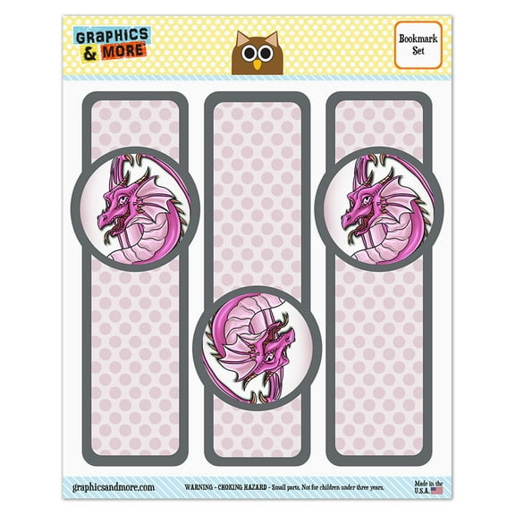 Happy Pink Dragon Cute Fantasy Glossy Laminated Bookmarks - Set of 3