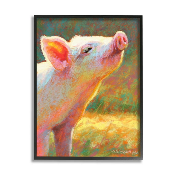 Happy Pink Pig Sunny Farm Animals & Insects Painting Black Framed Art Print Wall Art